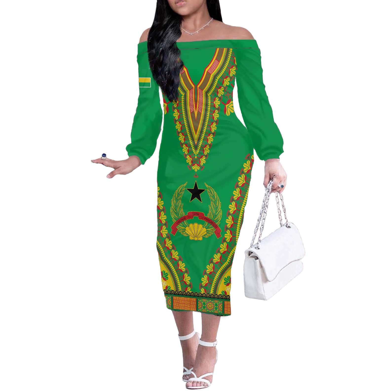 Personalised Guinea Bissau Off The Shoulder Long Sleeve Dress Dashiki Pattern - Wonder Print Shop