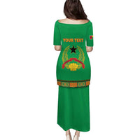 Green dashiki-style long dress, back with 'YOUR TEXT' and crest motif
