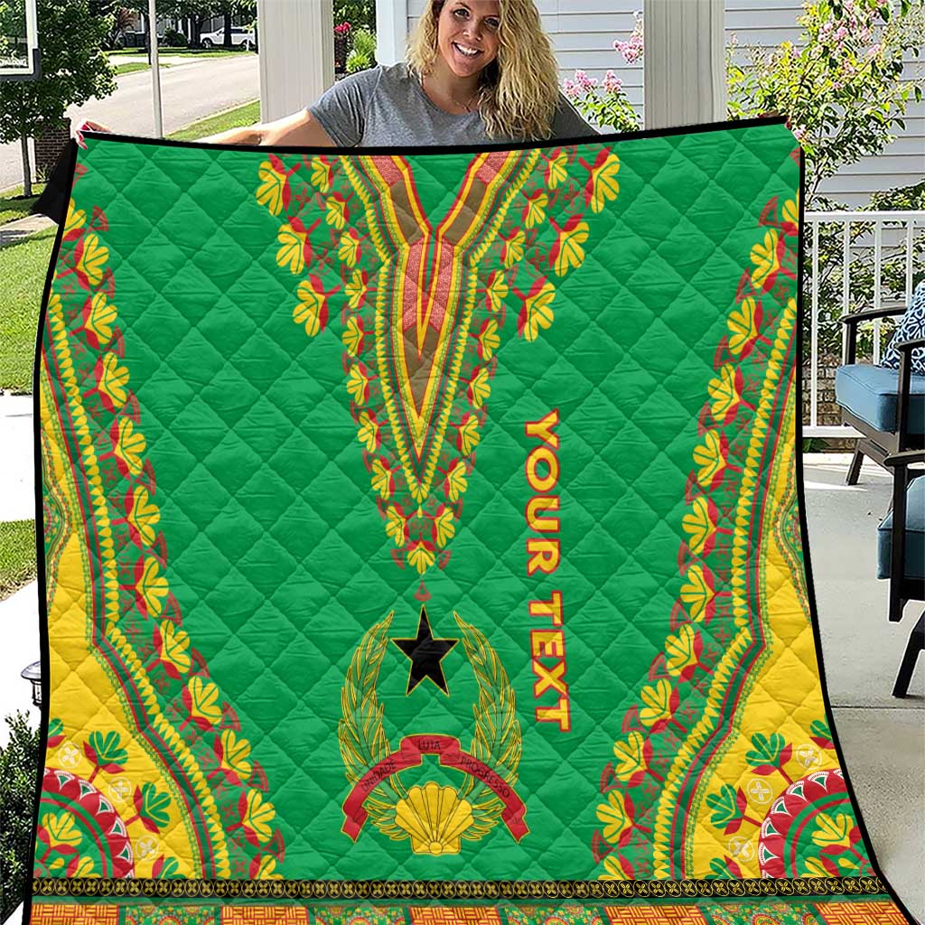 Green personalized quilt with dashiki pattern, “YOUR TEXT” and star motif, colorful border