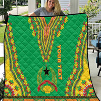 Green personalized quilt with dashiki pattern, “YOUR TEXT” and star motif, colorful border