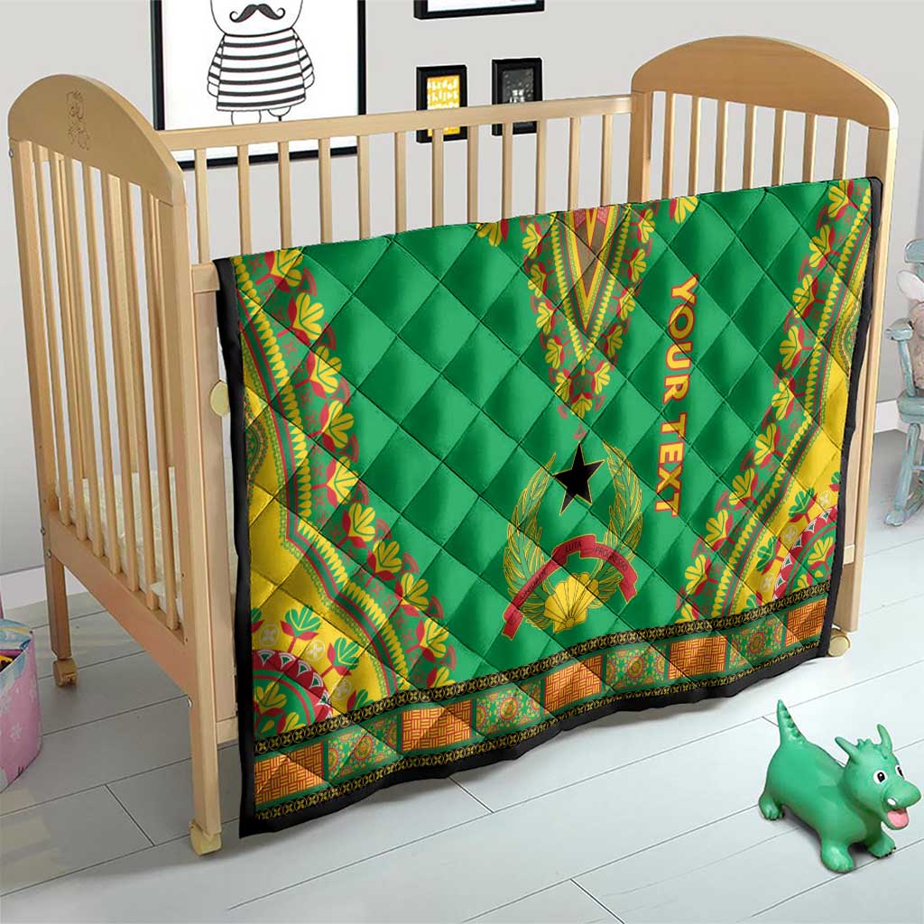 Green dashiki personalized quilt on a wooden crib, “YOUR TEXT” and star motif