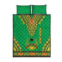 Green quilt bed set, flat view with diamond quilting, two pillows, central dashiki panel