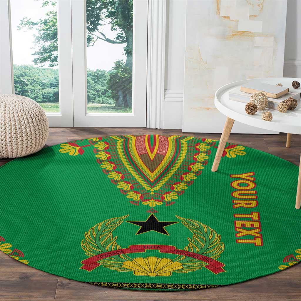 Round green carpet with dashiki emblem, gold laurels, and vertical "YOUR TEXT" print