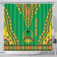 Green dashiki shower curtain with Your Text vertical and ornate yellow-red floral border