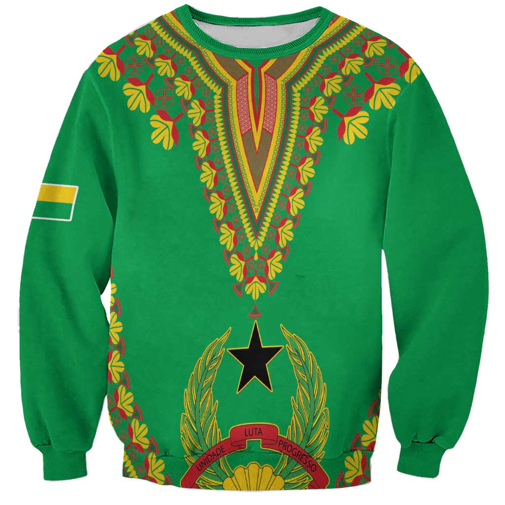 Green unisex sweatshirt with colorful dashiki V yoke and crest star graphic