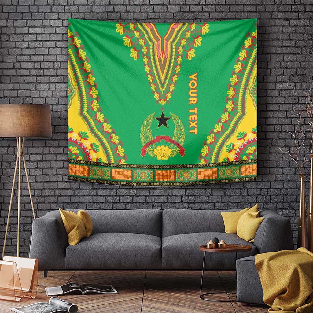 Green dashiki-pattern tapestry with colorful border and vertical "YOUR TEXT" lettering