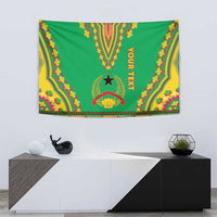 Green dashiki-pattern tapestry with "YOUR TEXT" and central star plus decorative shell icon
