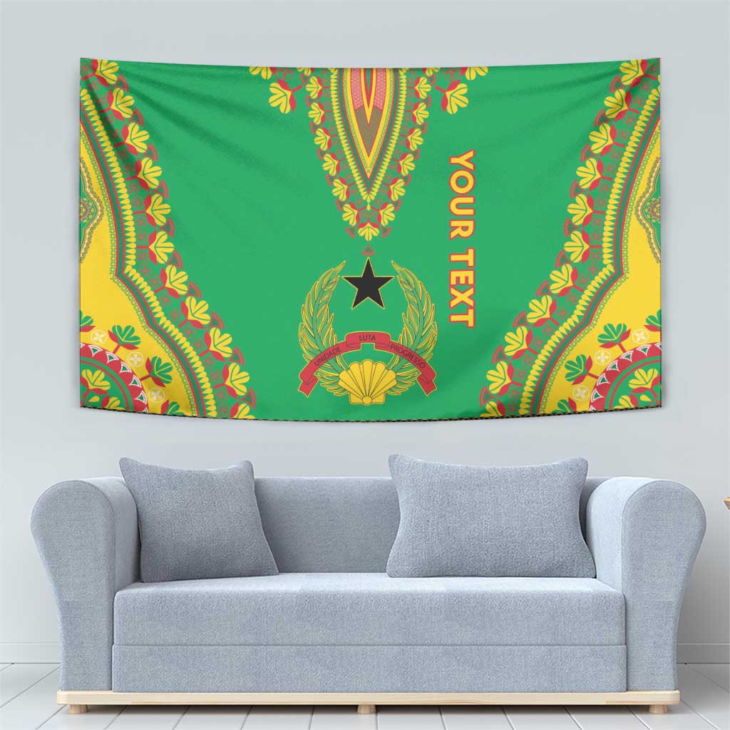 Green dashiki-pattern tapestry with "YOUR TEXT" text and colorful ornamental border