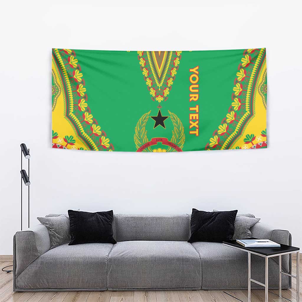 Green dashiki-pattern tapestry with "YOUR TEXT" lettering and detailed multicolor trim border