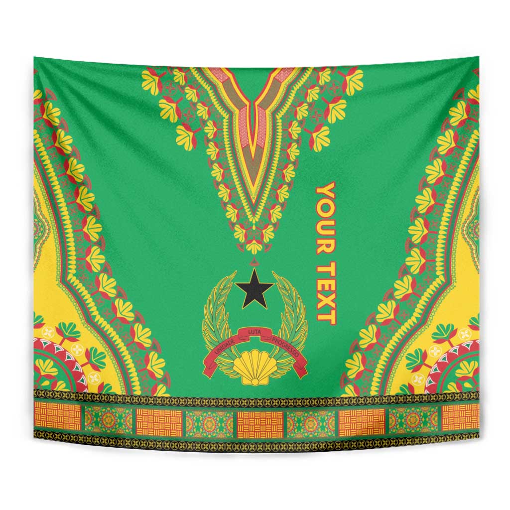 Green dashiki-pattern tapestry close view with "YOUR TEXT" and gold-red motifs border