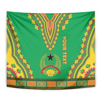 Green dashiki-pattern tapestry close view with "YOUR TEXT" and gold-red motifs border