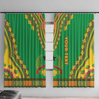 Green dashiki window curtains with vertical 'YOUR TEXT' and leaf border, 2 panels