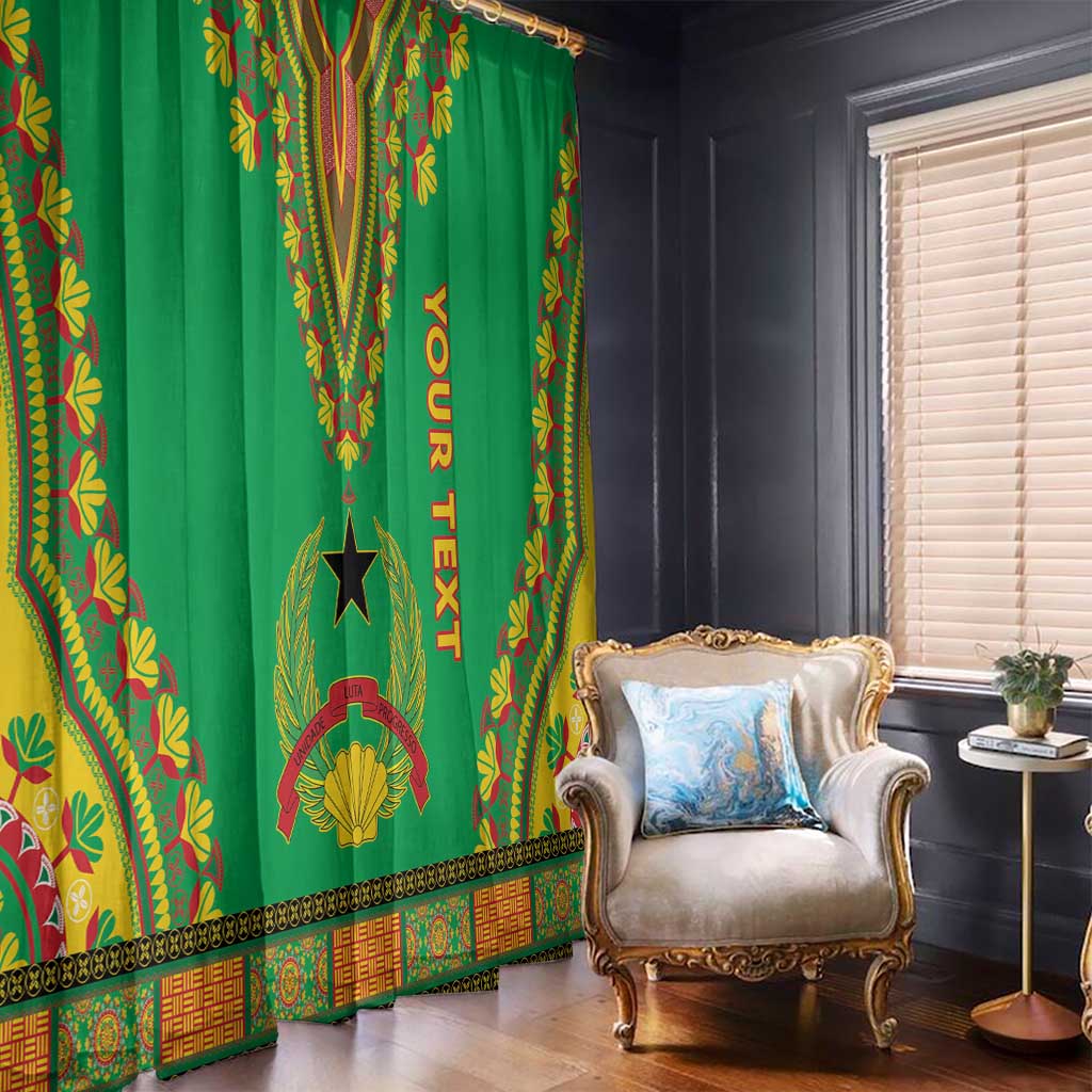 Green dashiki window curtains with 'YOUR TEXT' vertical print and bold floral trim