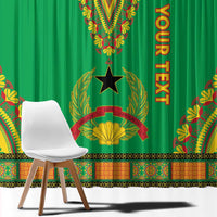 Green dashiki curtain panel detail with 'YOUR TEXT' and central star and laurel emblem