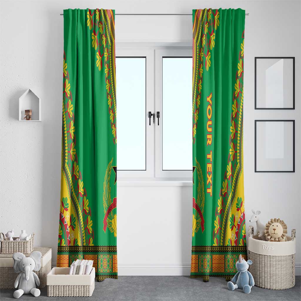 Green dashiki curtains with 'YOUR TEXT' vertical print and colorful stripe borders