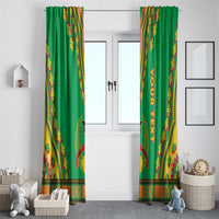 Green dashiki curtains with 'YOUR TEXT' vertical print and colorful stripe borders