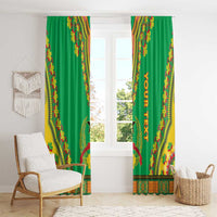 Green dashiki window curtains with 'YOUR TEXT' vertical print and patterned hem border