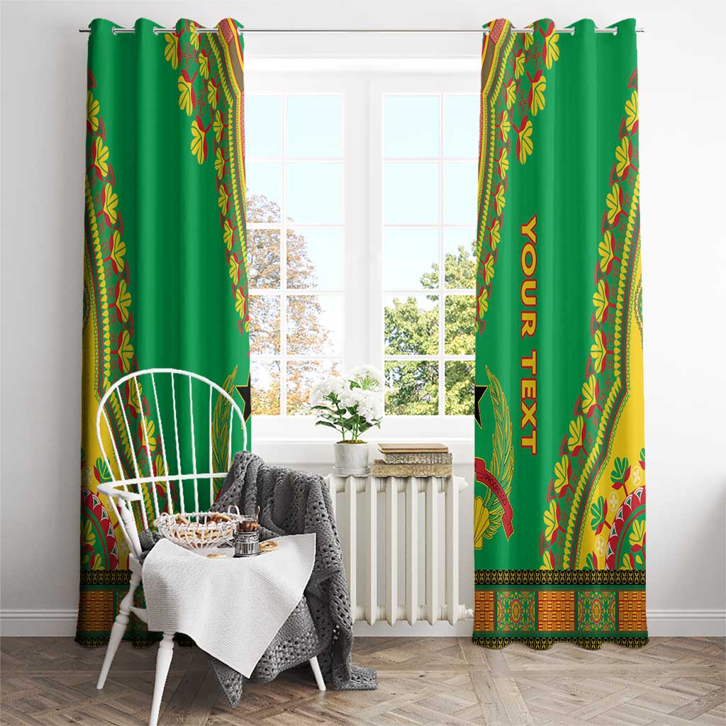 Green dashiki curtains with 'YOUR TEXT' vertical print and leafy multicolor trim