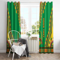 Green dashiki curtains with 'YOUR TEXT' vertical print and leafy multicolor trim