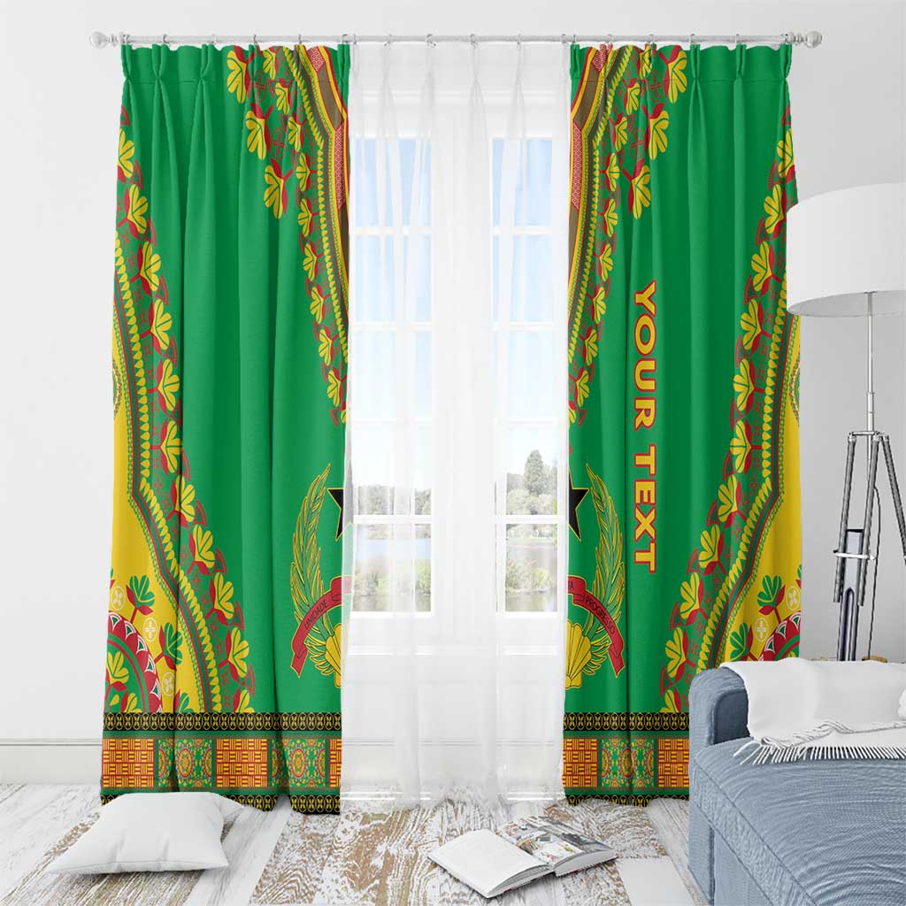Green dashiki window curtains with 'YOUR TEXT' vertical print and multicolor patterned trim