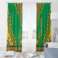 Green dashiki window curtains with 'YOUR TEXT' vertical print and multicolor patterned trim