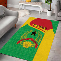 Green area rug with yellow border, red shield crest, star and 'YOUR TEXT' lettering.