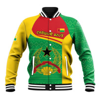 Green, yellow and red baseball jacket with striped collar, button front and crest patch