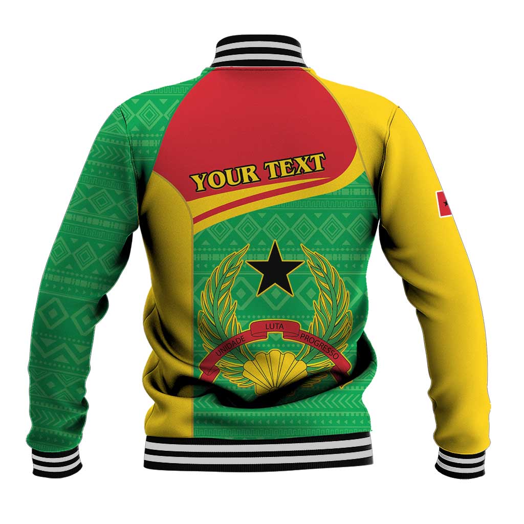 Back view baseball jacket in green, yellow and red with 'YOUR TEXT' and crest emblem