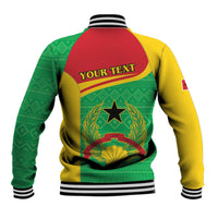 Back view baseball jacket in green, yellow and red with 'YOUR TEXT' and crest emblem