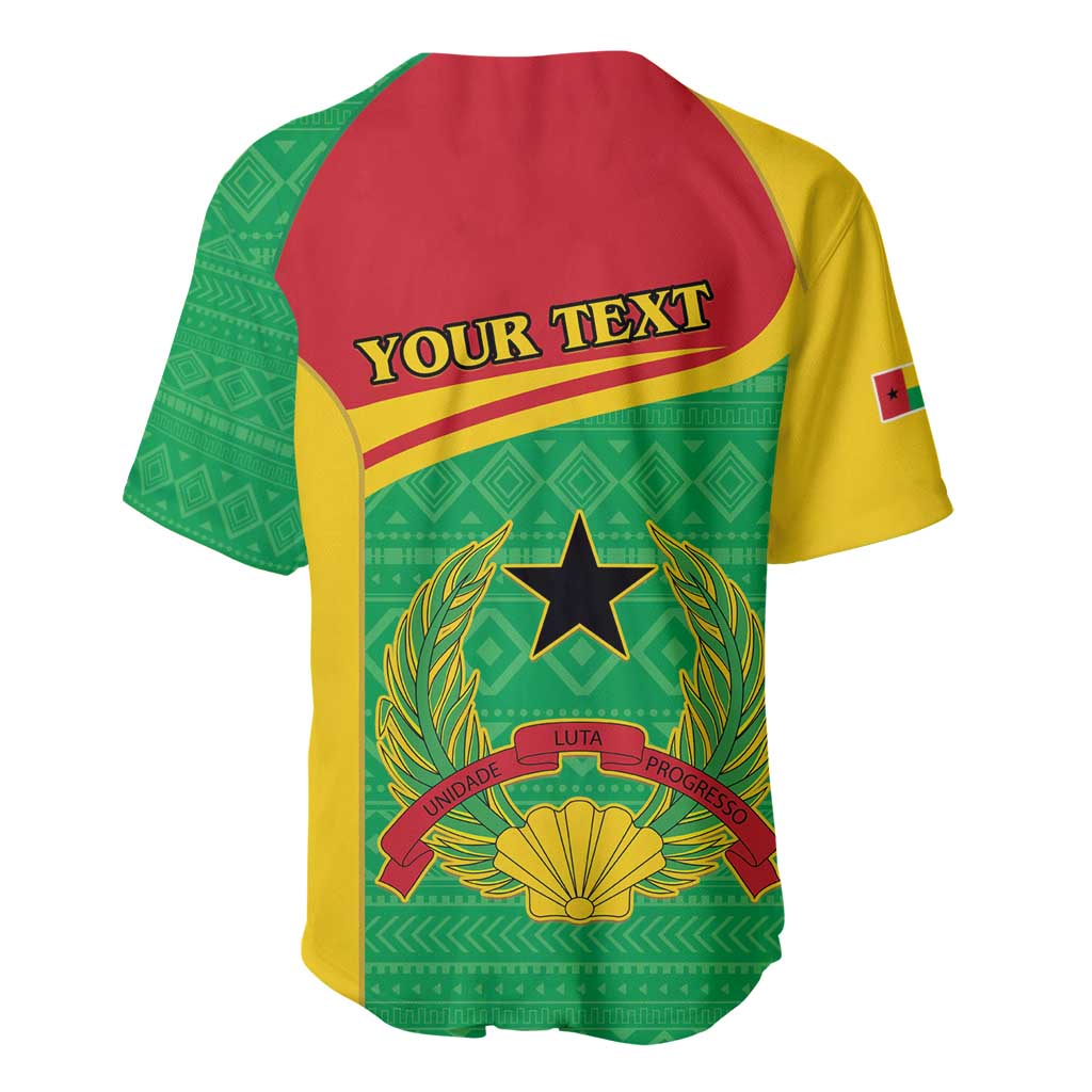 Green, yellow and red baseball jersey back view with V-neck; “Your text” and crest star