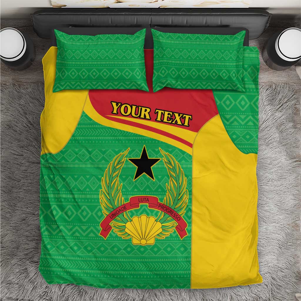 Green and yellow bedding set with coat of arms emblem and custom text panel, includes pillows