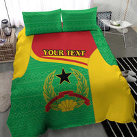 Green and yellow bedding set with coat of arms emblem on duvet and custom text panel