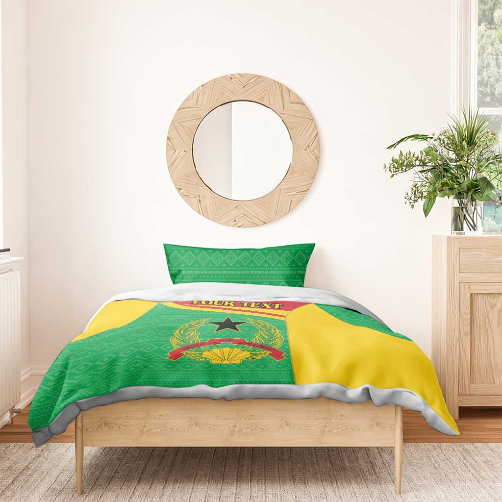 Green and yellow bedding set with coat of arms emblem and custom text banner on duvet