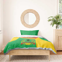 Green and yellow bedding set with coat of arms emblem and custom text banner on duvet