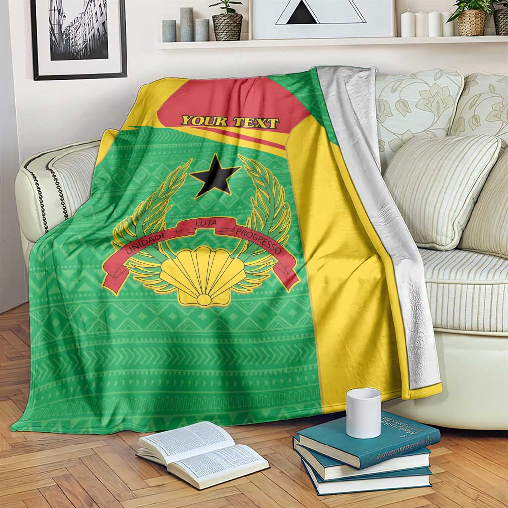 Green, yellow, and red personalized blanket with Guinea-Bissau coat of arms and “YOUR TEXT”