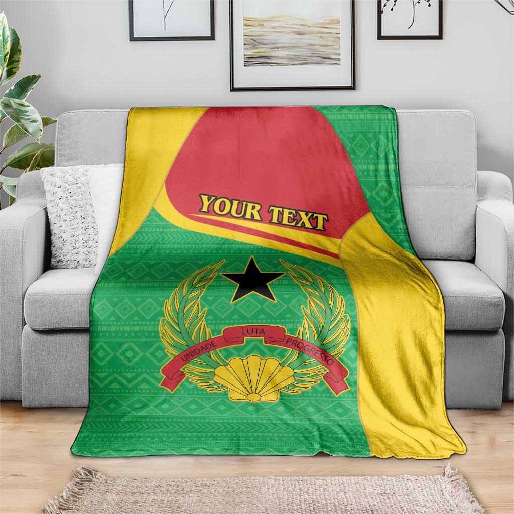 Green and yellow personalized blanket with Guinea-Bissau coat of arms, black star, and “YOUR TEXT”