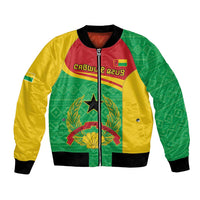 Green and yellow bomber jacket with red panel, crest star and laurel front graphic