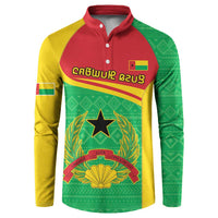 Button-collar sweatshirt with green, yellow, red panels and coat-of-arms front print