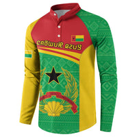 Green, yellow, red button-collar sweatshirt with coat-of-arms crest and star front print