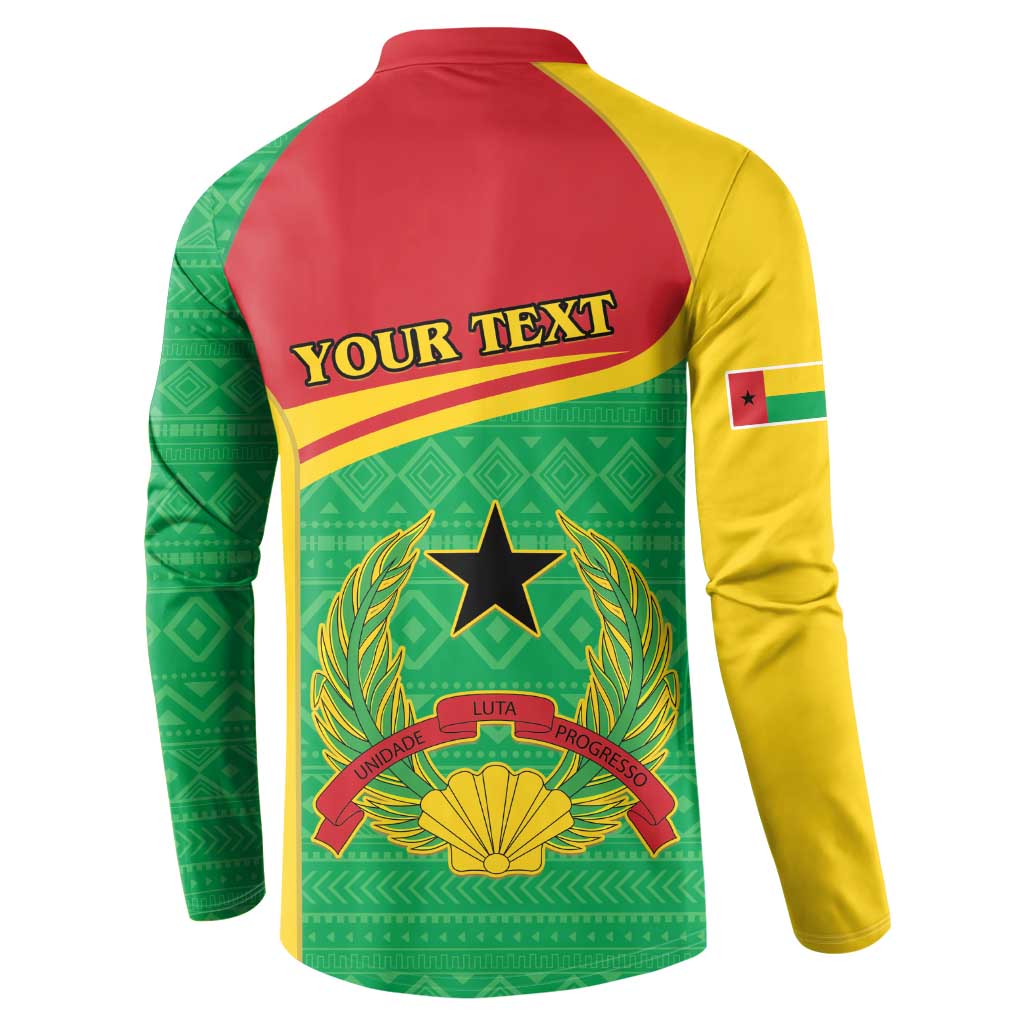 Back of button-collar sweatshirt with 'YOUR TEXT' and coat-of-arms crest graphic