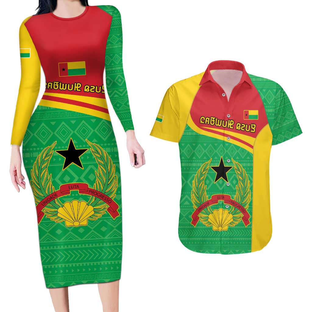 Personalised Guinea Bissau Couples Matching Long Sleeve Bodycon Dress and Hawaiian Shirt Coat Of Arms - African Pattern - Wonder Print Shop