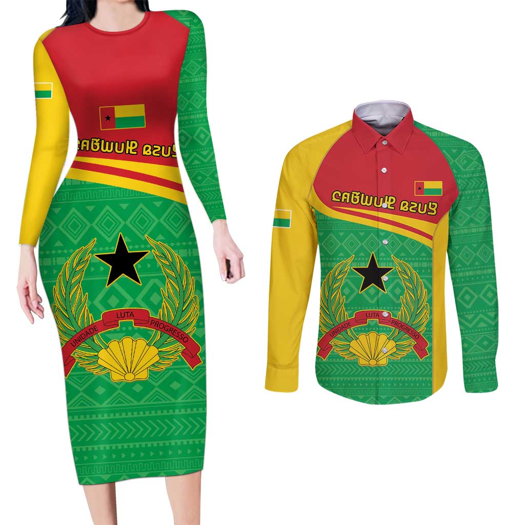 Personalised Guinea Bissau Couples Matching Long Sleeve Bodycon Dress and Long Sleeve Button Shirt Coat Of Arms - African Pattern - Wonder Print Shop