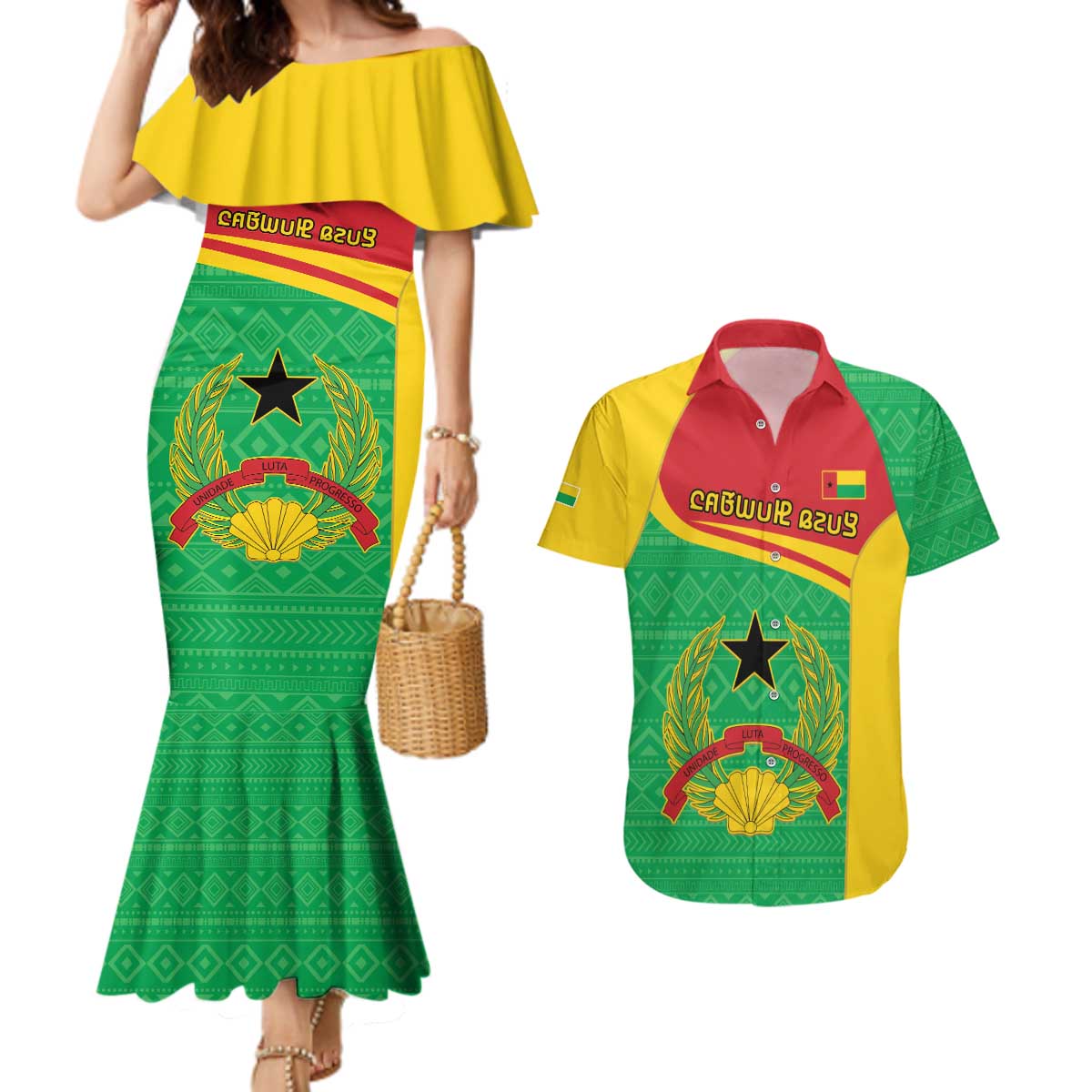 Personalised Guinea Bissau Couples Matching Mermaid Dress and Hawaiian Shirt Coat Of Arms - African Pattern - Wonder Print Shop