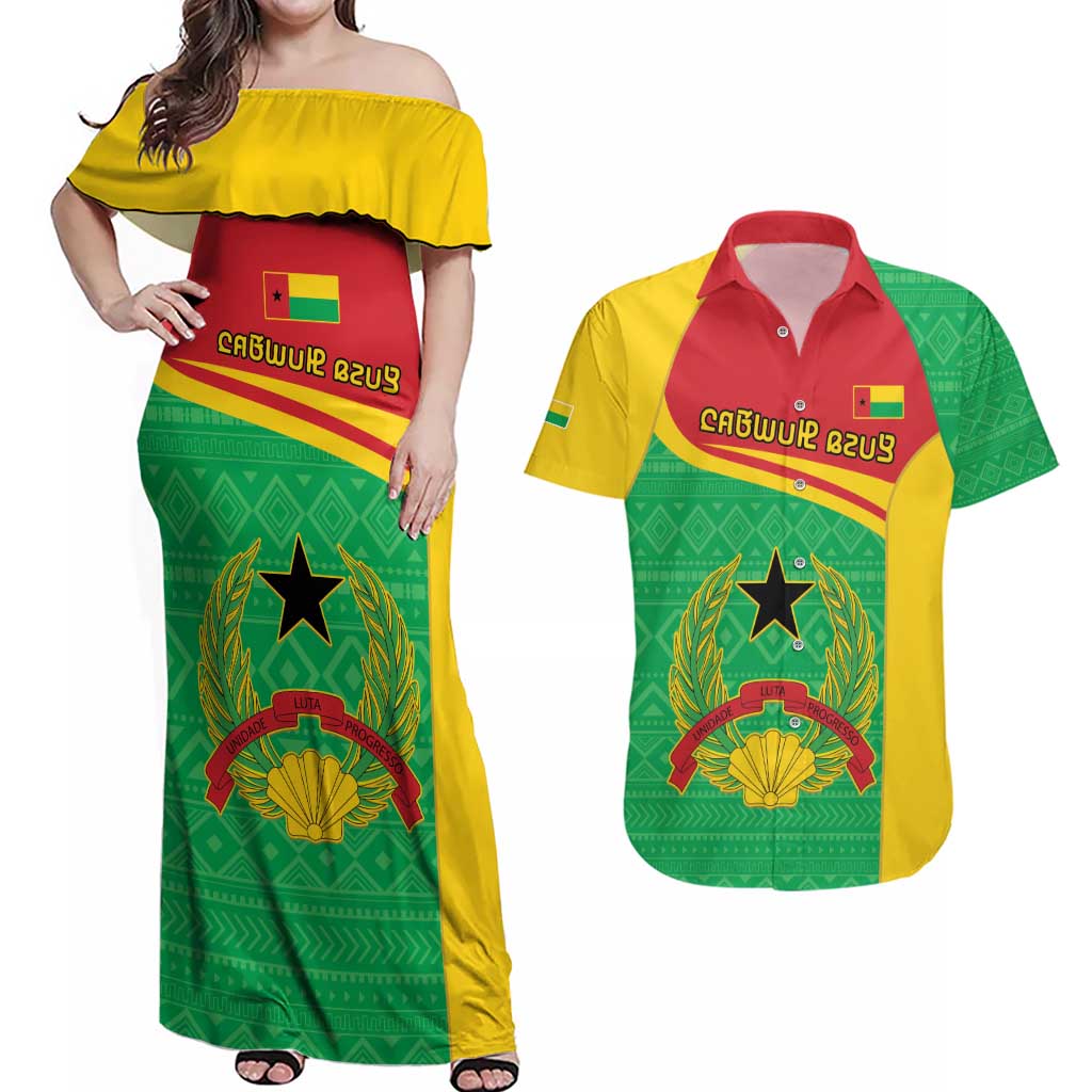 Personalised Guinea Bissau Couples Matching Off Shoulder Maxi Dress and Hawaiian Shirt Coat Of Arms - African Pattern - Wonder Print Shop