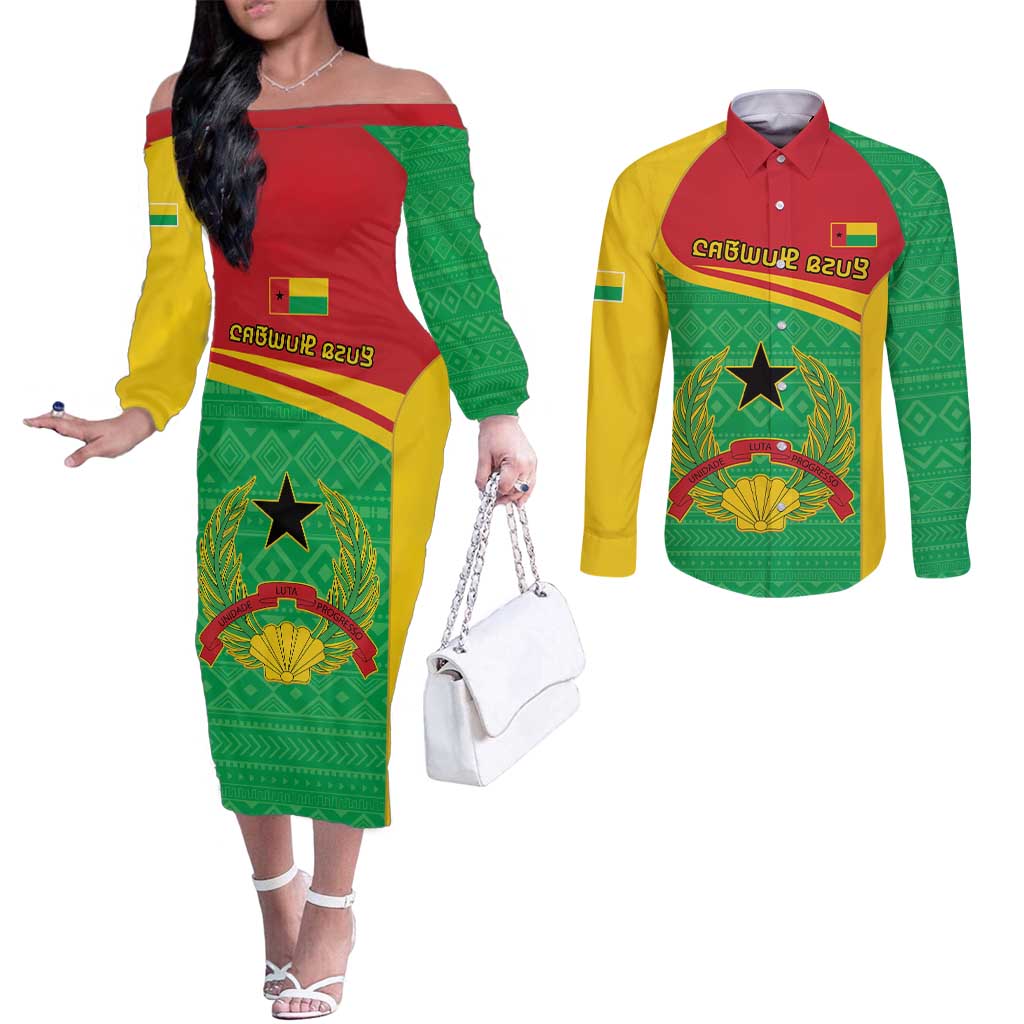 Personalised Guinea Bissau Couples Matching Off The Shoulder Long Sleeve Dress and Long Sleeve Button Shirt Coat Of Arms - African Pattern