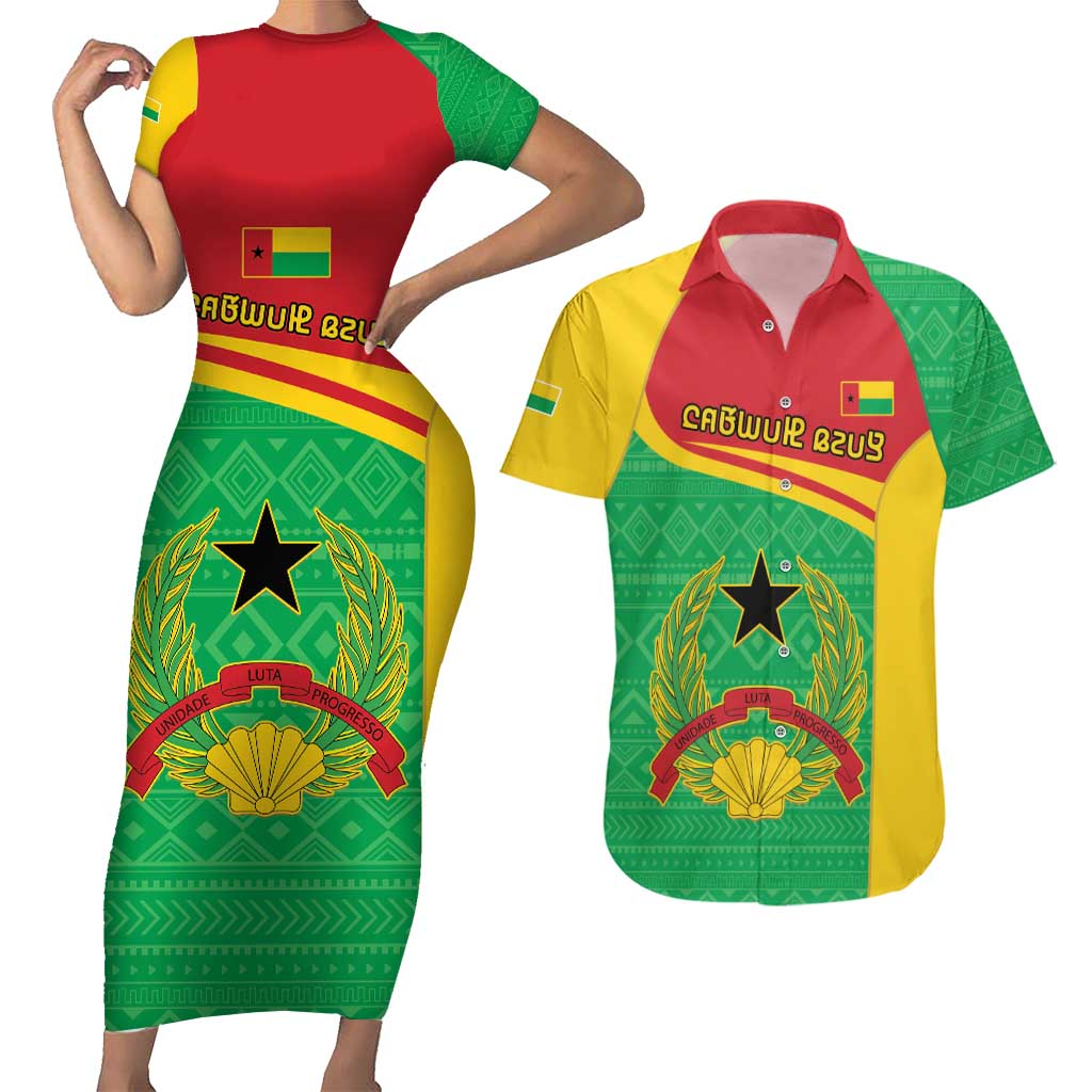 Personalised Guinea Bissau Couples Matching Short Sleeve Bodycon Dress and Hawaiian Shirt Coat Of Arms - African Pattern - Wonder Print Shop