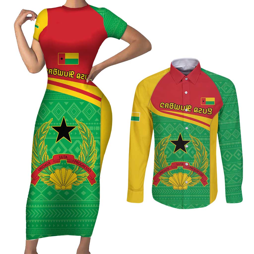 Personalised Guinea Bissau Couples Matching Short Sleeve Bodycon Dress and Long Sleeve Button Shirt Coat Of Arms - African Pattern - Wonder Print Shop