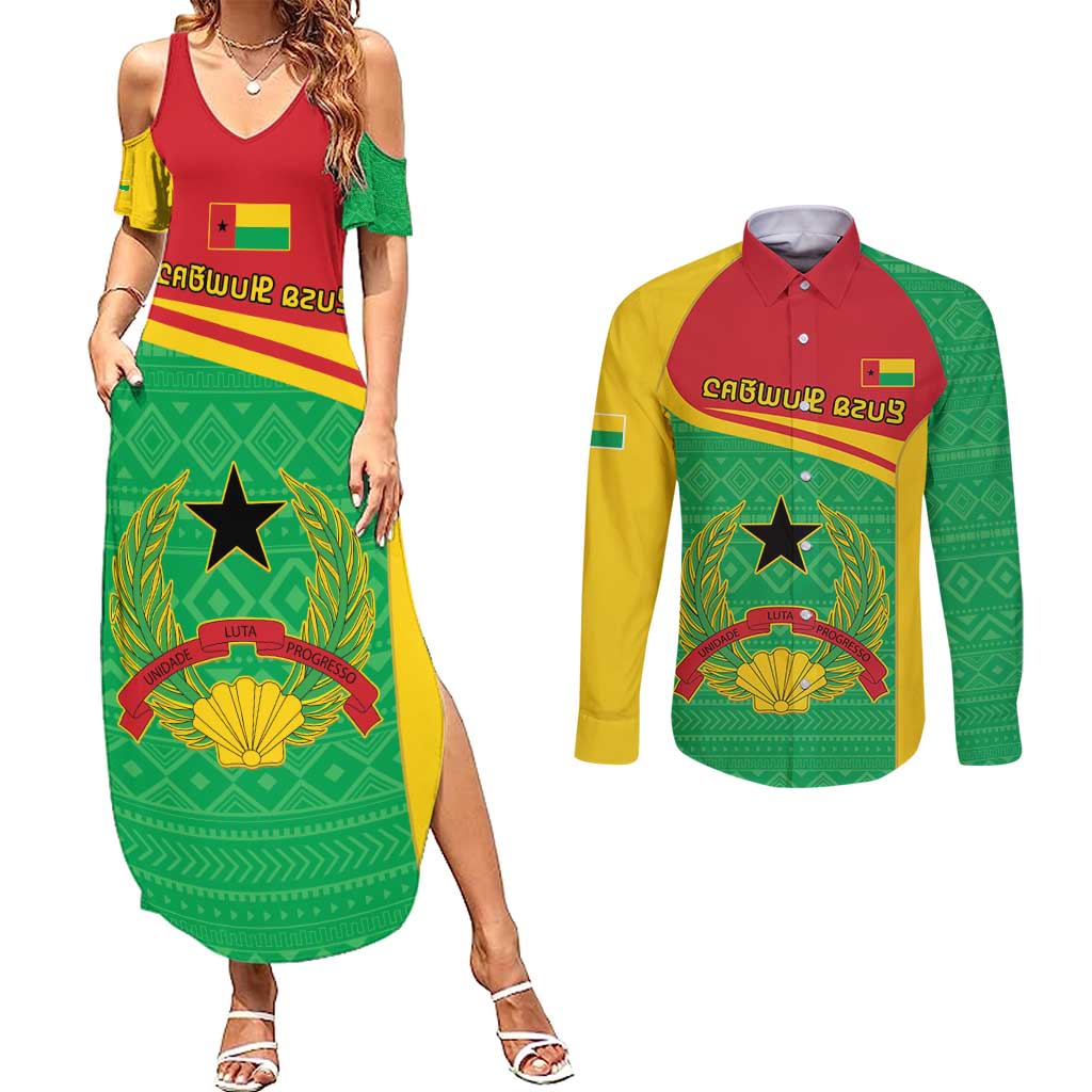 Personalised Guinea Bissau Couples Matching Summer Maxi Dress and Long Sleeve Button Shirt Coat Of Arms - African Pattern - Wonder Print Shop