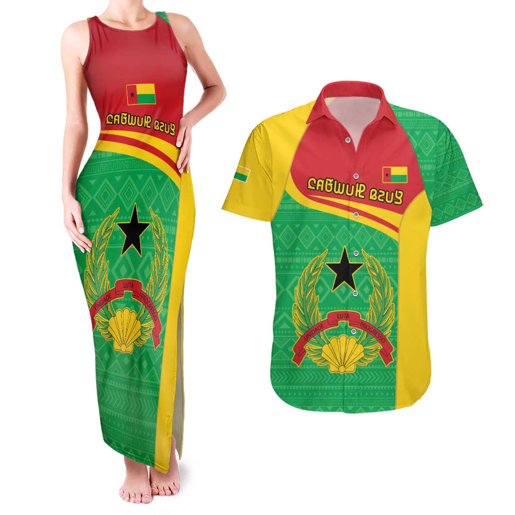 Personalised Guinea Bissau Couples Matching Tank Maxi Dress and Hawaiian Shirt Coat Of Arms - African Pattern - Wonder Print Shop