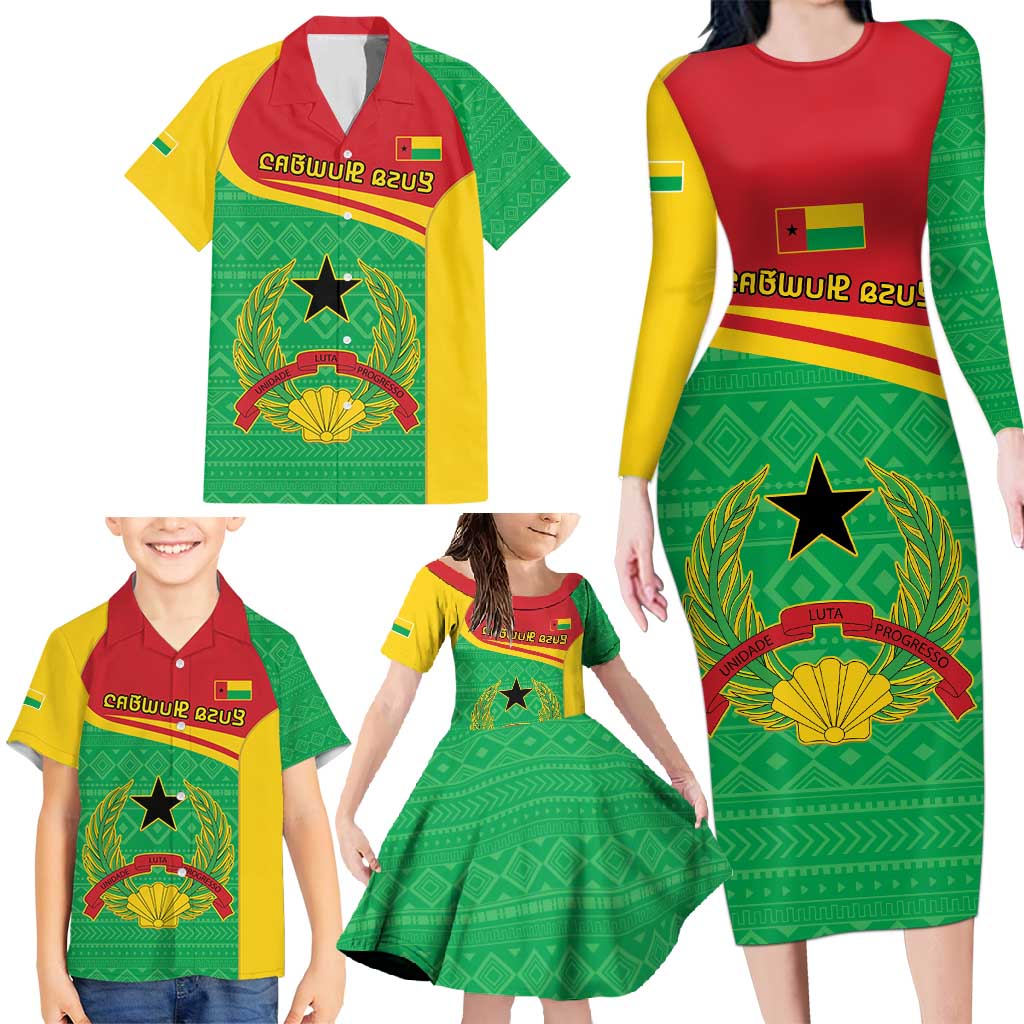 Personalised Guinea Bissau Family Matching Long Sleeve Bodycon Dress and Hawaiian Shirt Coat Of Arms - African Pattern - Wonder Print Shop